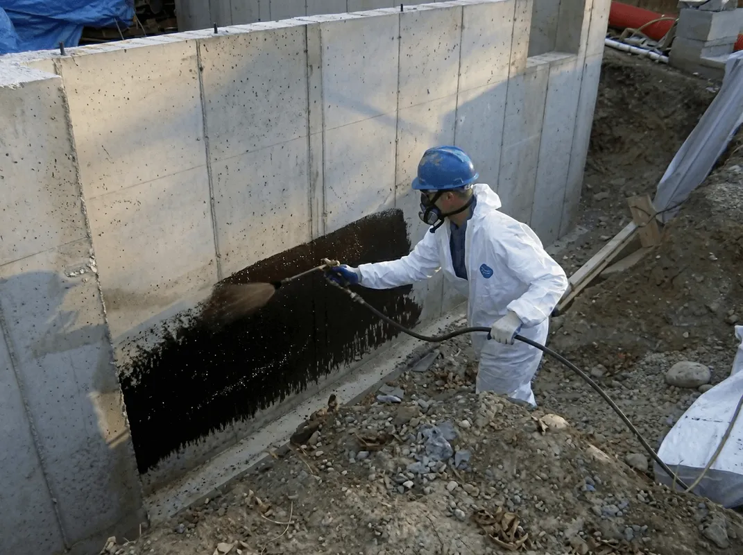Professional waterproofing the exterior walls of the basement in Austin, TX
